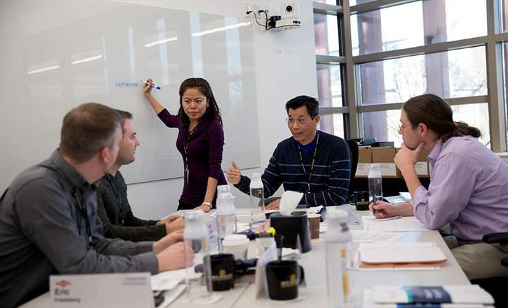 Dow employees applying real-time learnings from the Sustainability Academy to their team project, designed to support one of Dow's 2025 Sustainability Goals. Photo credit: Marc-Grégor Campredon