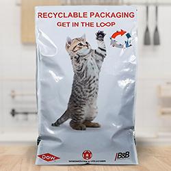 pet food bag featuring a kitten and the words Recyclable Packaging: Get in the Loop