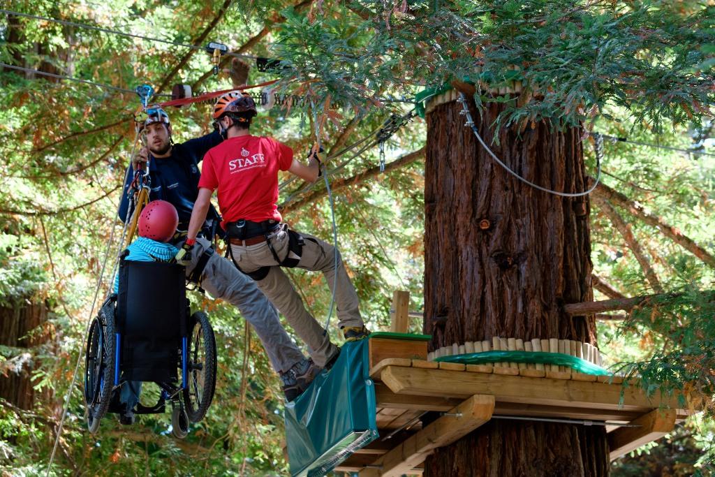 teens helping each other with a tree climbing activity 