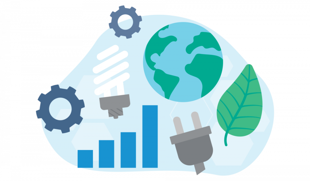 abstract icons of gears, lightbulb, graph, electrical plug, earth, and leaf