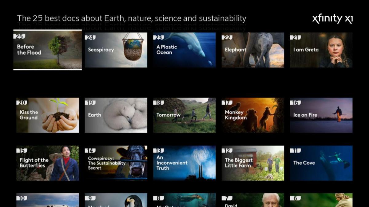 A grid of shows featured for Earth Day. "The 25 of the best documentaries about Earth, nature, science and sustainability"