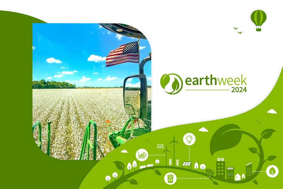 "earth week 2024" next to an american flag on a tractor in a field of crops.