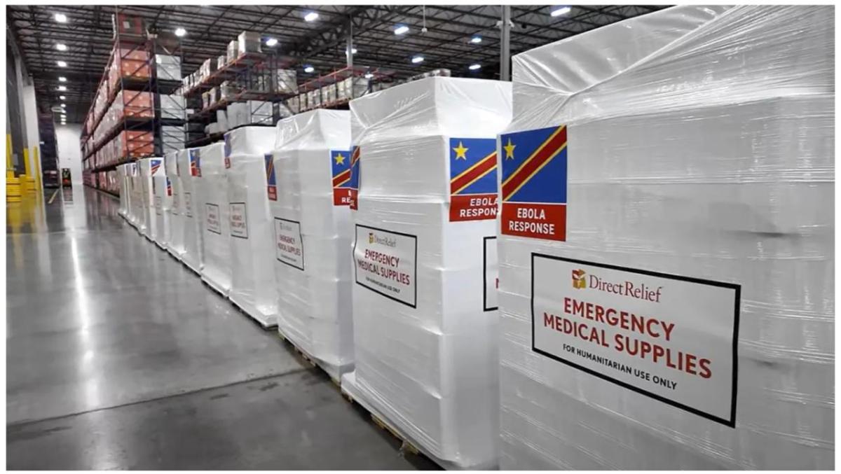 A shipment containing essential medical aid and personal protective equipment for health workers is staged at Direct Relief’s headquarters before departing for the Democratic Republic of Congo to support the Ebola response. (Tori Gordon/Direct Relief)