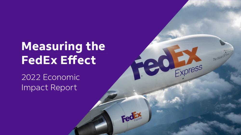 "Measuring the FedEx Effect 2022 Economic Impact Report" on the left half and image of a "FedEx" plane in the air on the right.