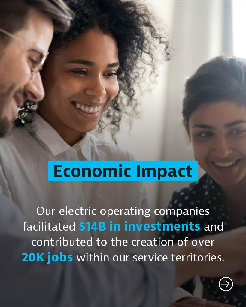 "economic impact" with people smiling in the background
