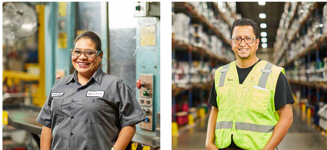 Two pictures. Left: A person in safety glasses and maintenance uniform. Right: a person in a reflective vest and safety glasses in a warehouse.