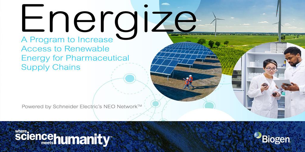 Biogen Energize graphic with solar panels and scientists