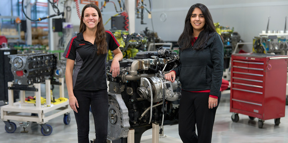 Cummins engineers Clarissa Arriaga (left) and Ashwini Khandelwal (right) led the research that played a key role in the decision to close the painting operation at Cummins’ Columbus Mid-Range Engine Plant in Columbus, Indiana.