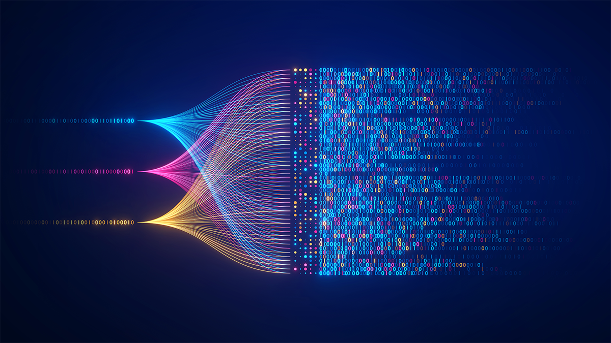 On a dark background three rows of blue, red, and yellow lights disperse to the right forming a grid of different colored dots.