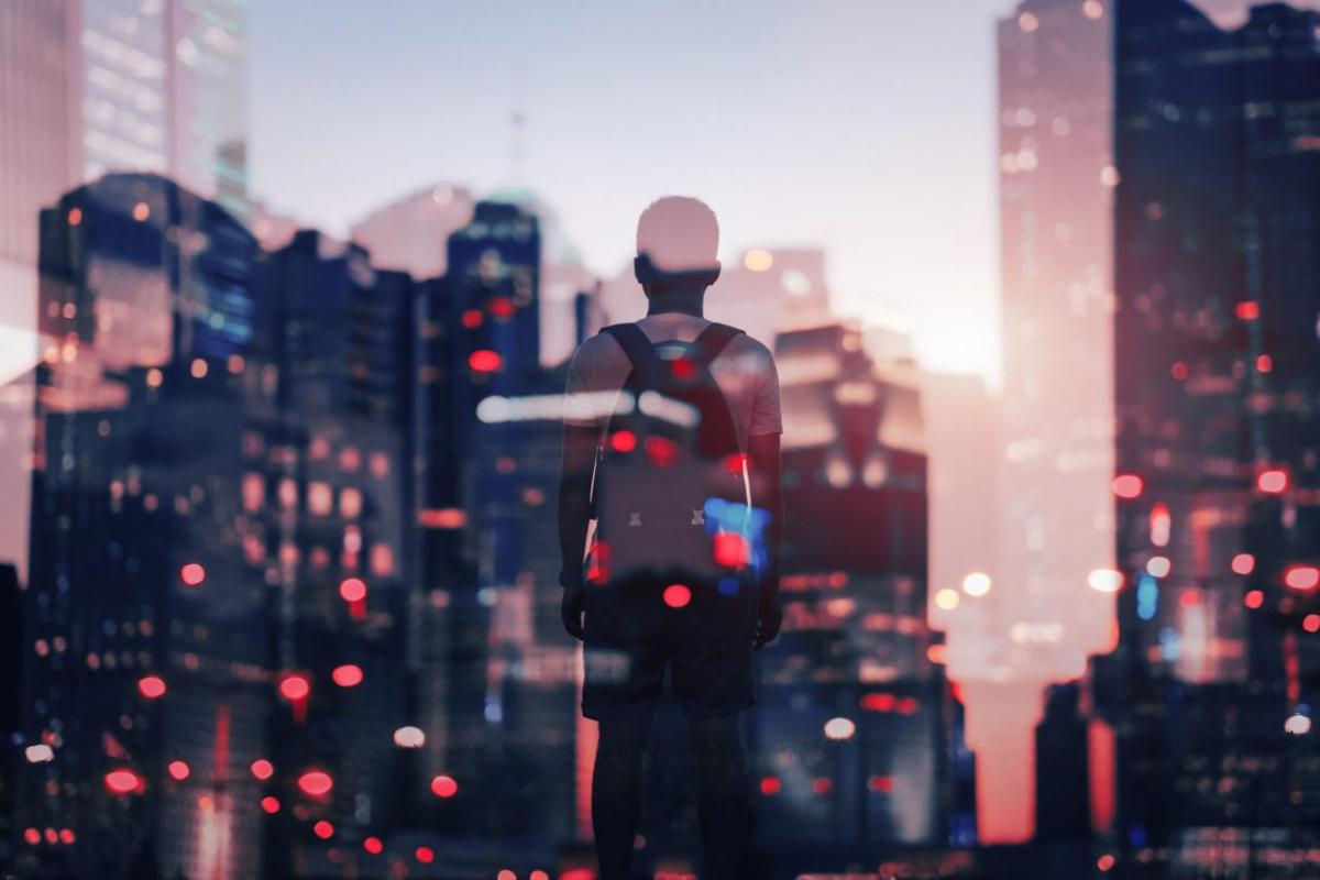 composite image of a child and several city skylines