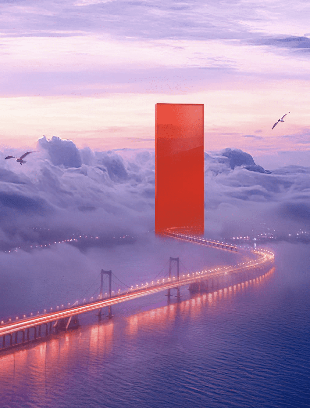 abstract image of bridge over water lined with lights