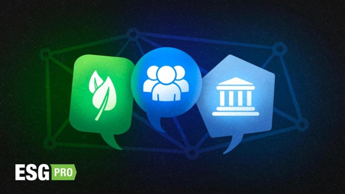 abstract symbols of leaves, people, government and ESG Pro logo