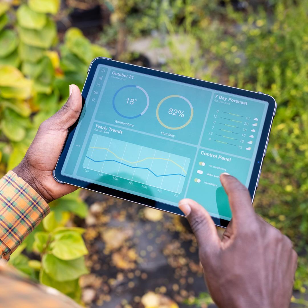 A person using an electronic tablet, a field of crops beneath them. 