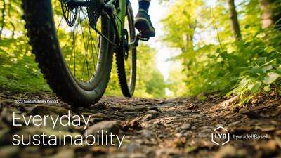 Cover page "Everyday Sustainability" and LyondellBasell logo on a ground-view of a person going by on a bicycle on a dirt path in a tree lined area.
