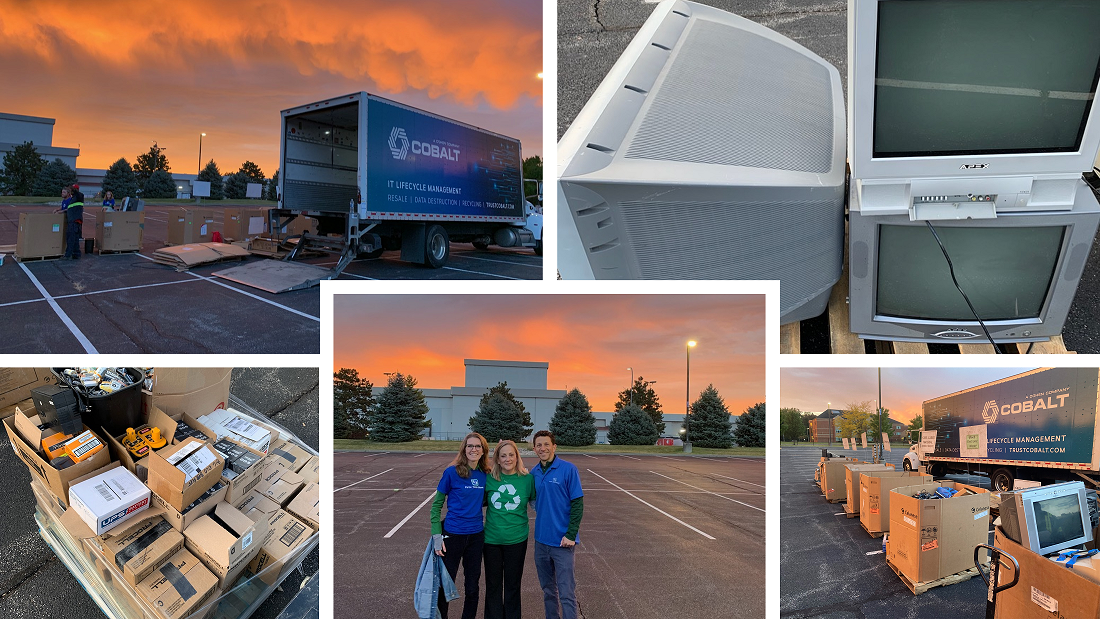 From the left to right are Michelle Cates, Julie Fite and Jeremy Faust from Fifth Third Bank's Enterprise Workplace Services group who worked as volunteers as the eWaste Take Back event in Madisonville, Ohio. Collage of images of people recycling e-waste