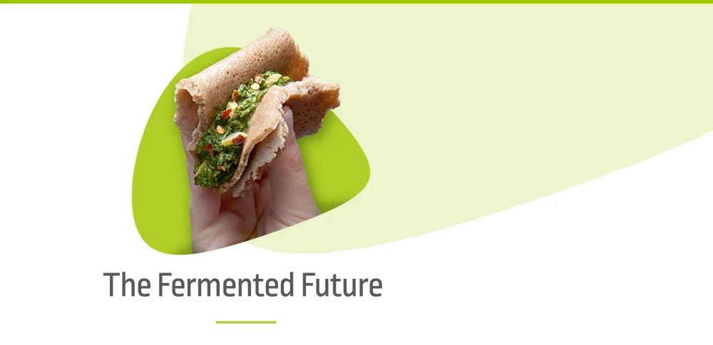 "The Fermented Future" and a hand holding a sandwich.