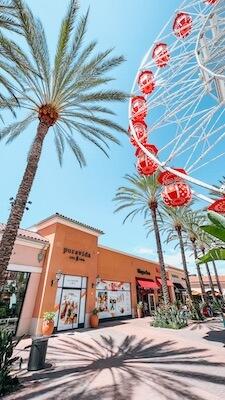 Outdoor view of the storefront, palm trees and a Ferris wheel next to it
