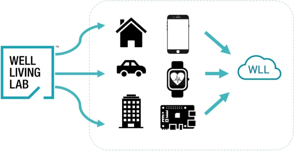 info graphic left is a box with Well Living lab, arrows pointing left out of it branching to symbols of home, car, building, phone, watch, and then pointing back to a cloud with WLL in it