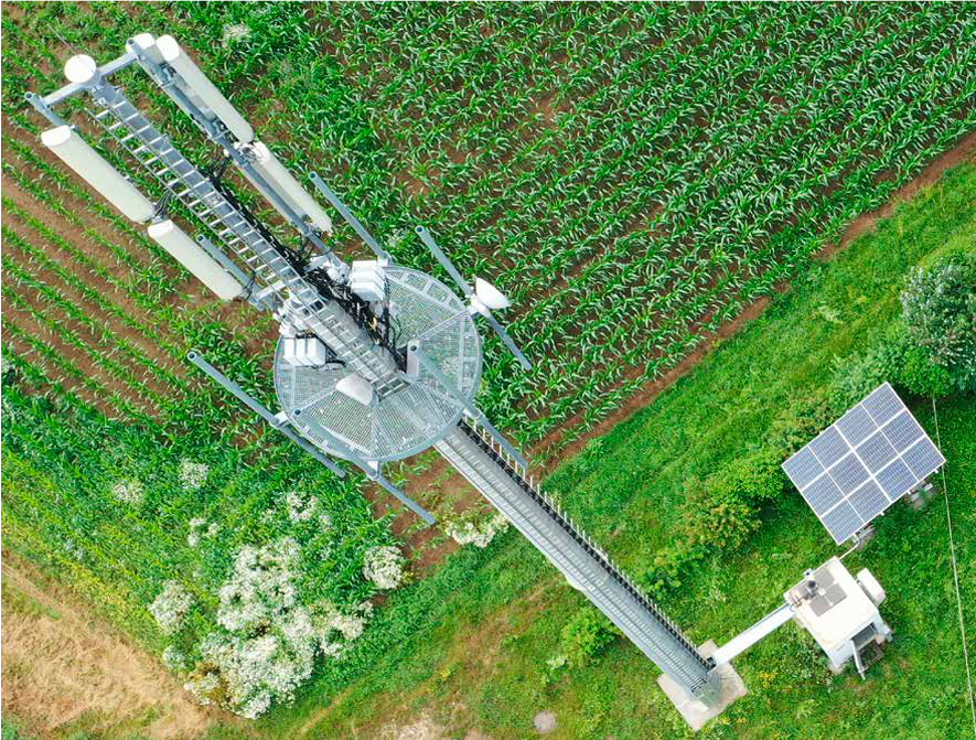 Ericsson and Deutsche Telekom have partnered to bring solar panels to a RAN network site. Image source: DFMG Deutsche Funkturm GmbH. aerial view of cell tower in a field of crops