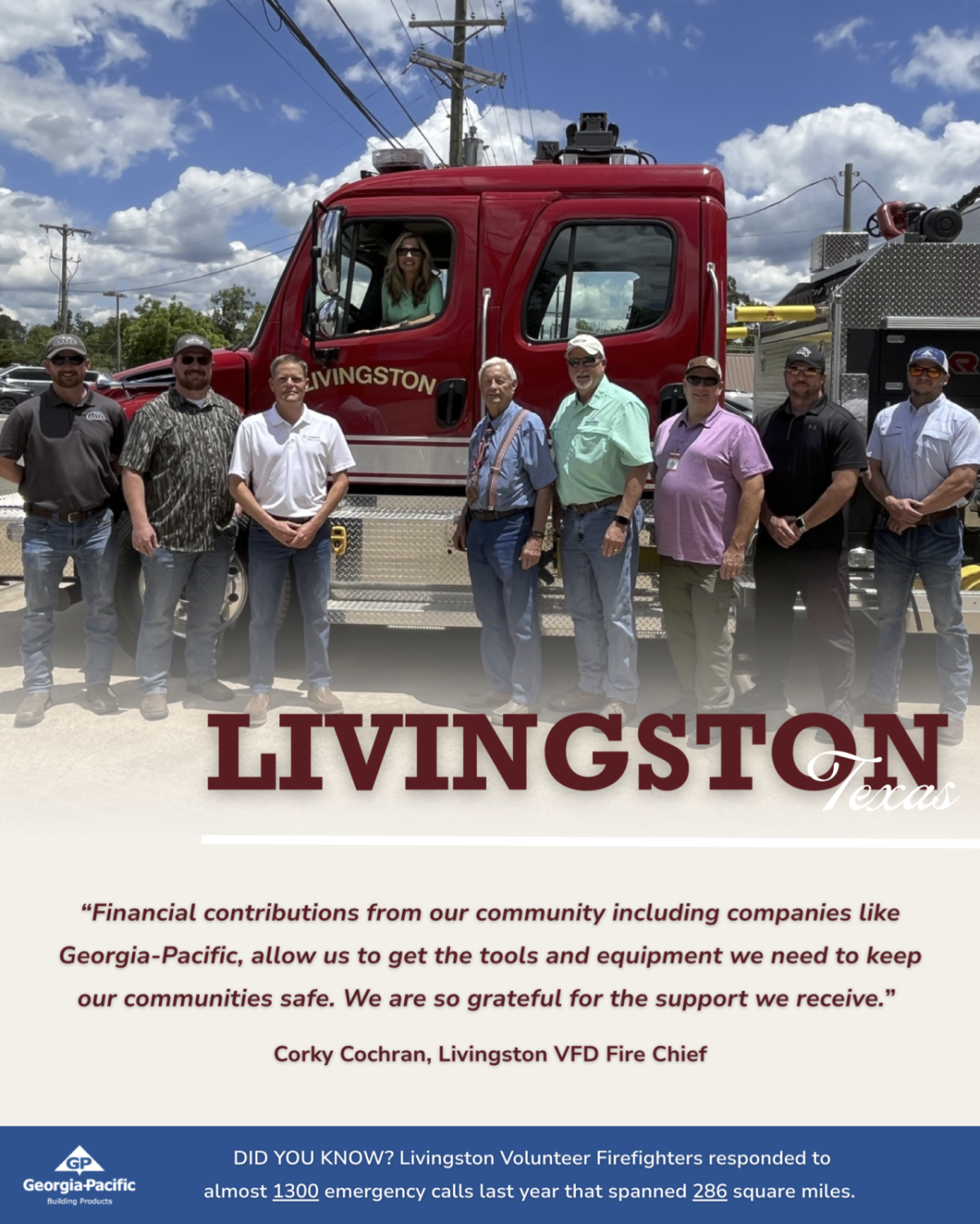 Group from the Livingston fire department standing by fire truck