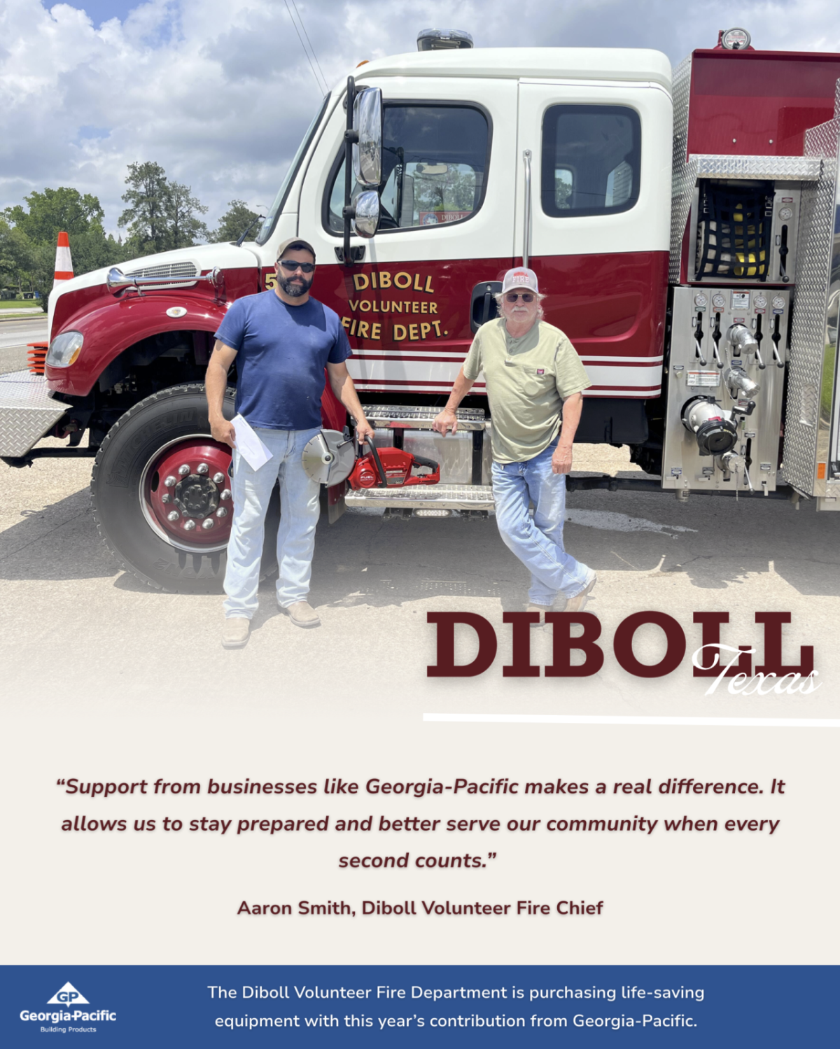 Group from the Diboll fire department standing by fire truck