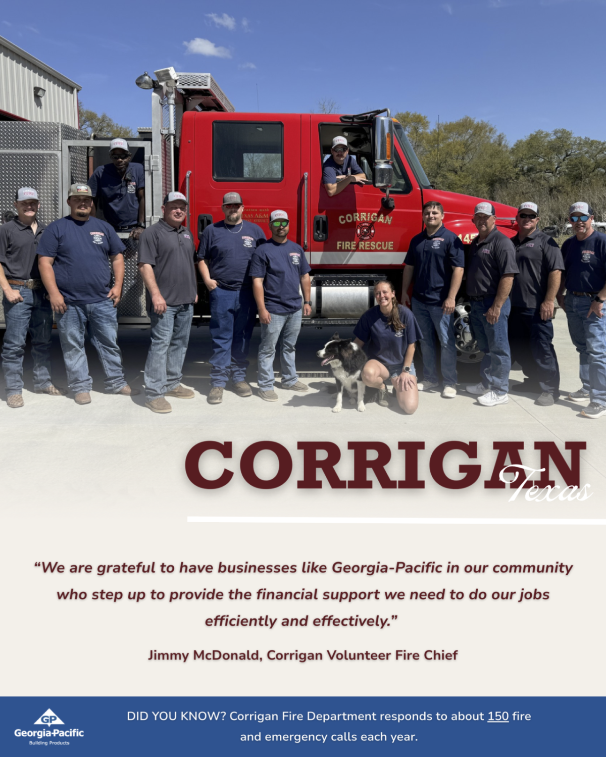 Group from the Corrigan fire department standing by fire truck