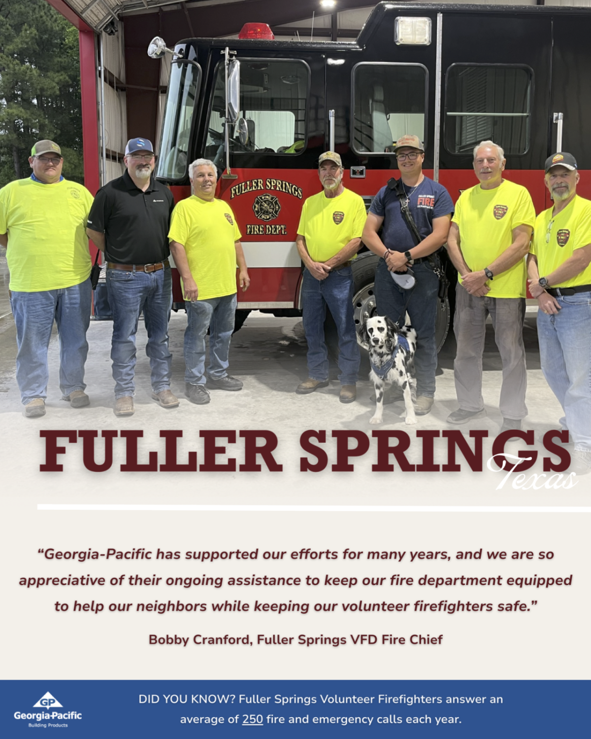Group from the Fuller Springs fire department standing by fire truck