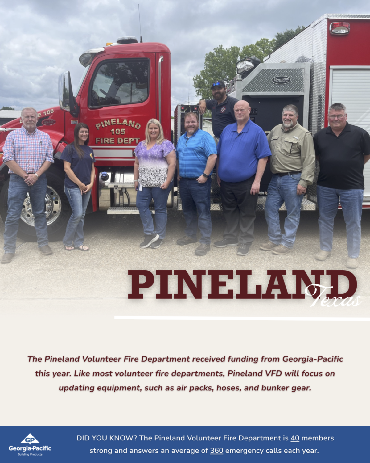 Group from the Pineland fire department standing by fire truck