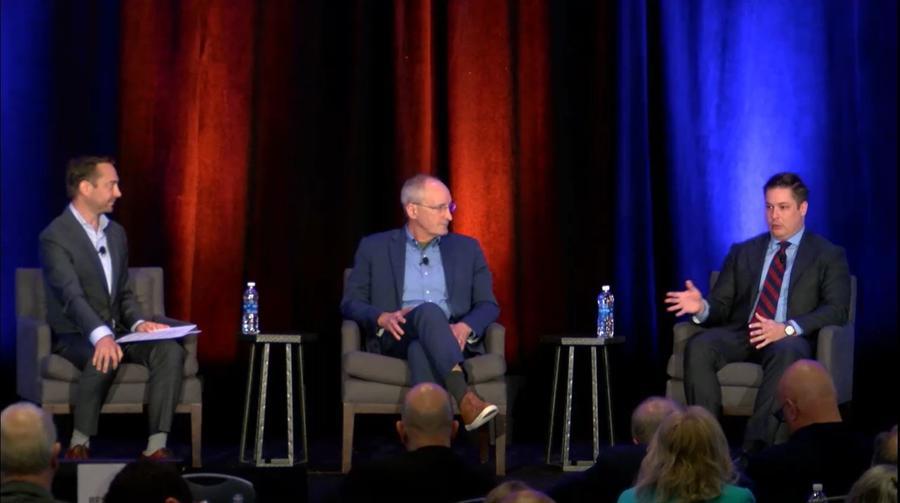 (left to right) Andy McDonald, chief technology officer for Leidos' decision advantage solutions, moderates a fireside chat with Dr. William Streilein, chief technology officer for the DOD’s Chief Digital and AI Office (CDAO), and Dr. John Beieler, chief AI officer for the Office of the Director of National Intelligence. " "