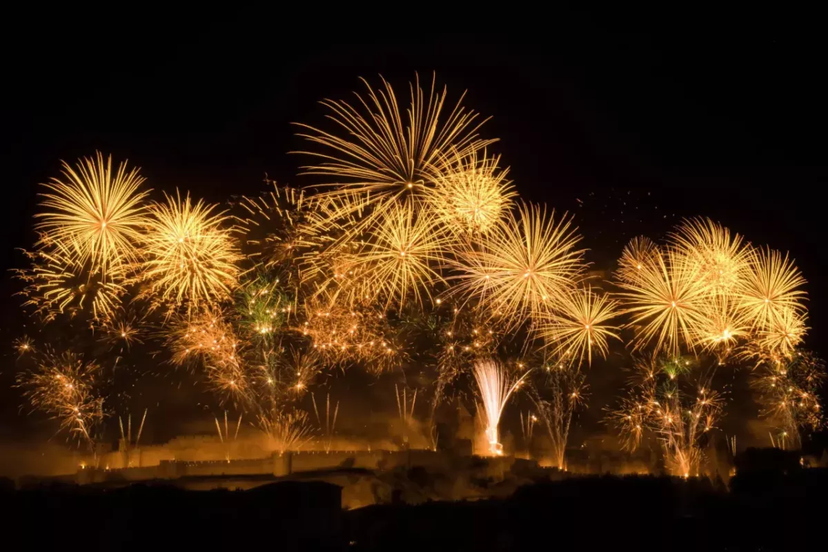 Golden fireworks against a dark sky.