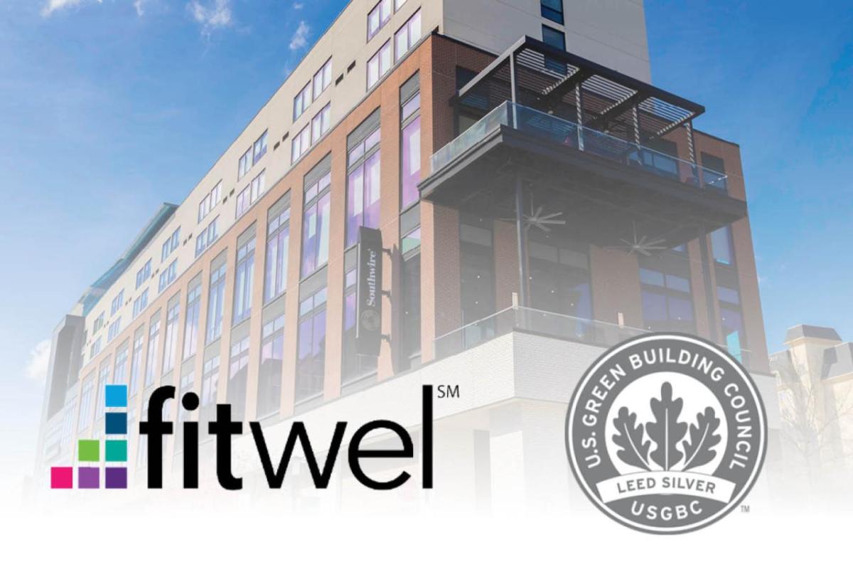 Exterior of a Southwire office building. fitwel and LEED silver logos.