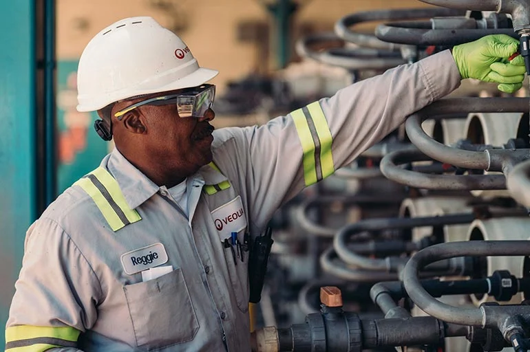 A worker in a hard hat