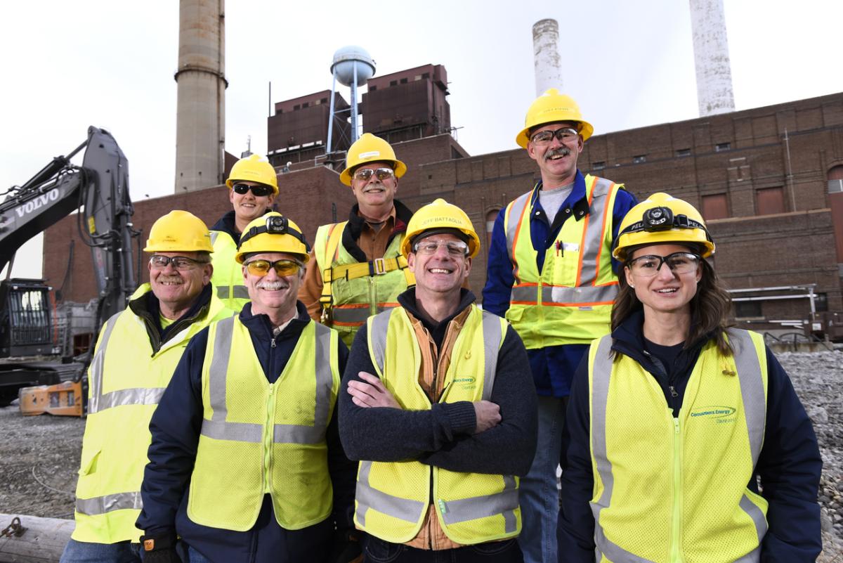 Consumers Energy team members at the historic J.C. Weadock power plant.