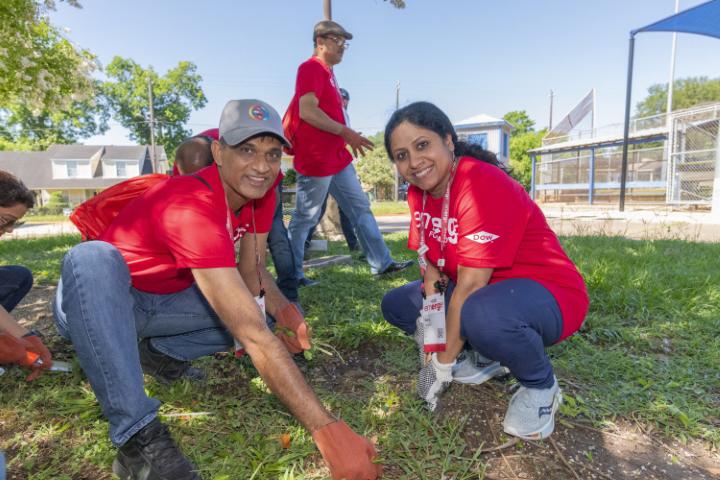 Two people pulling weeds