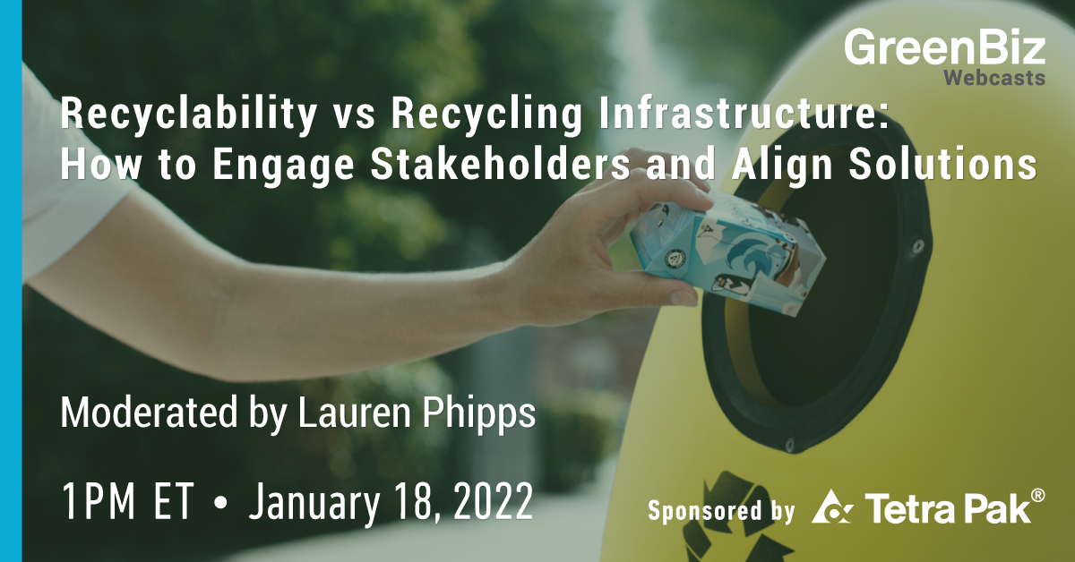 Image of hand recycling a container with text reading: Recyclability vs Recycling Infrastructure: How to Engage Stakeholders and Align Solutions