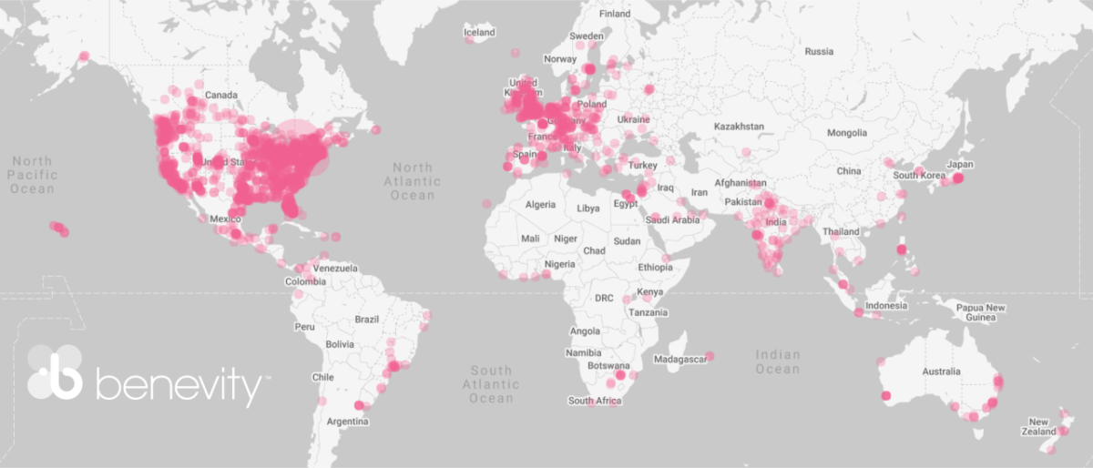 GivingTuesday 2021 - A heatmap of global giving on Benevity's platform