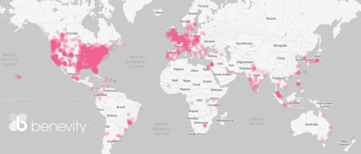 Giving Tuesday 2022 - a heatmap of global giving through Benevity platform Giving Tuesday 2022 - heatmap of global donations