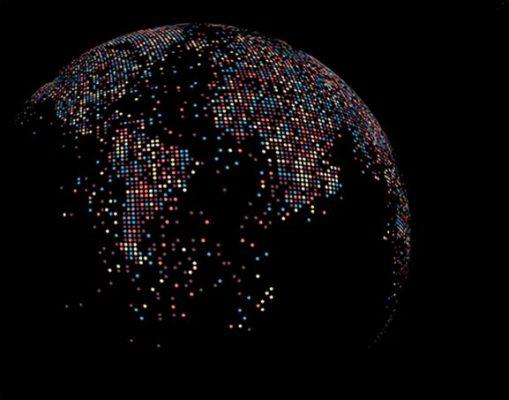 A dark globe on a black background. Countries lit up with pixels of different colors.