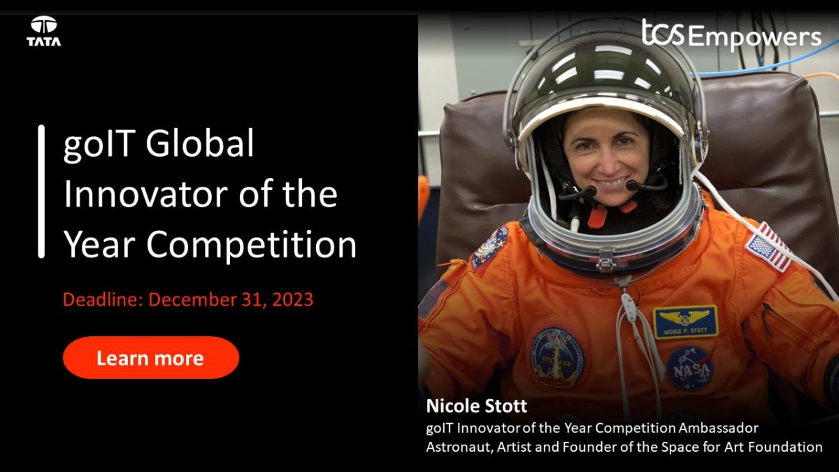 Nicole Stott, golT Innovator of the Year Competition Ambassador Astronaut, Artist and Founder of the Space for Art Foundation next to the words,"golT Global Innovator of the Year Competition Deadline: December 31, 2023." 
