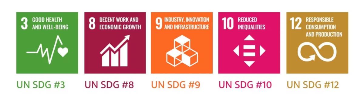 5 SDG's , #3, 8, 9, 10, 12 as icons with corresponding symbols outlined in the article.