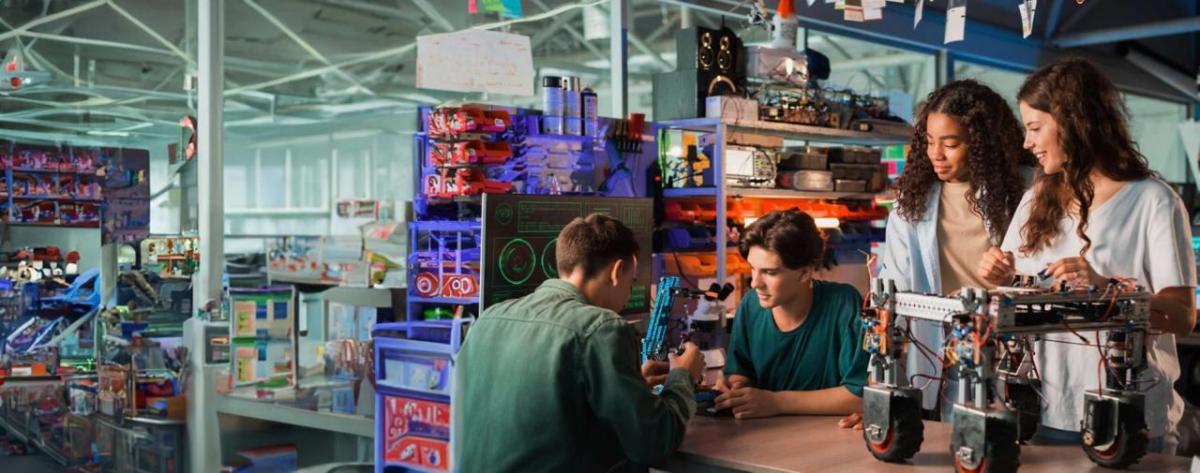 Youth working on a robotics project together in a warehouse setting.