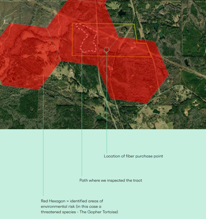 Aerial map with red shapes over a portion of land, with areas marked on interest.