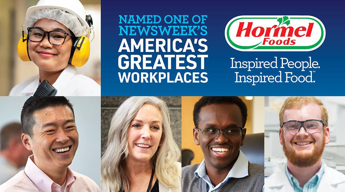 A collage of different people and Hormel logo with "America's greatest workplaces"