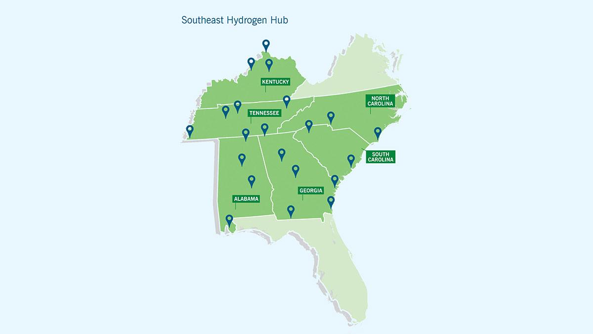 Map of southern section of the united states. Highlighted states participating in the hydrogen hub described.