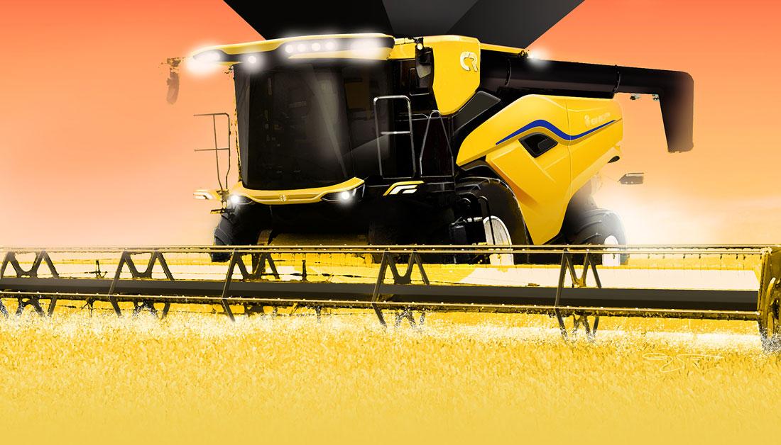 Digital rendering of a large farm machine harvesting