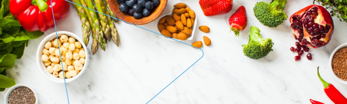 Healthy foods on a marble countertop.