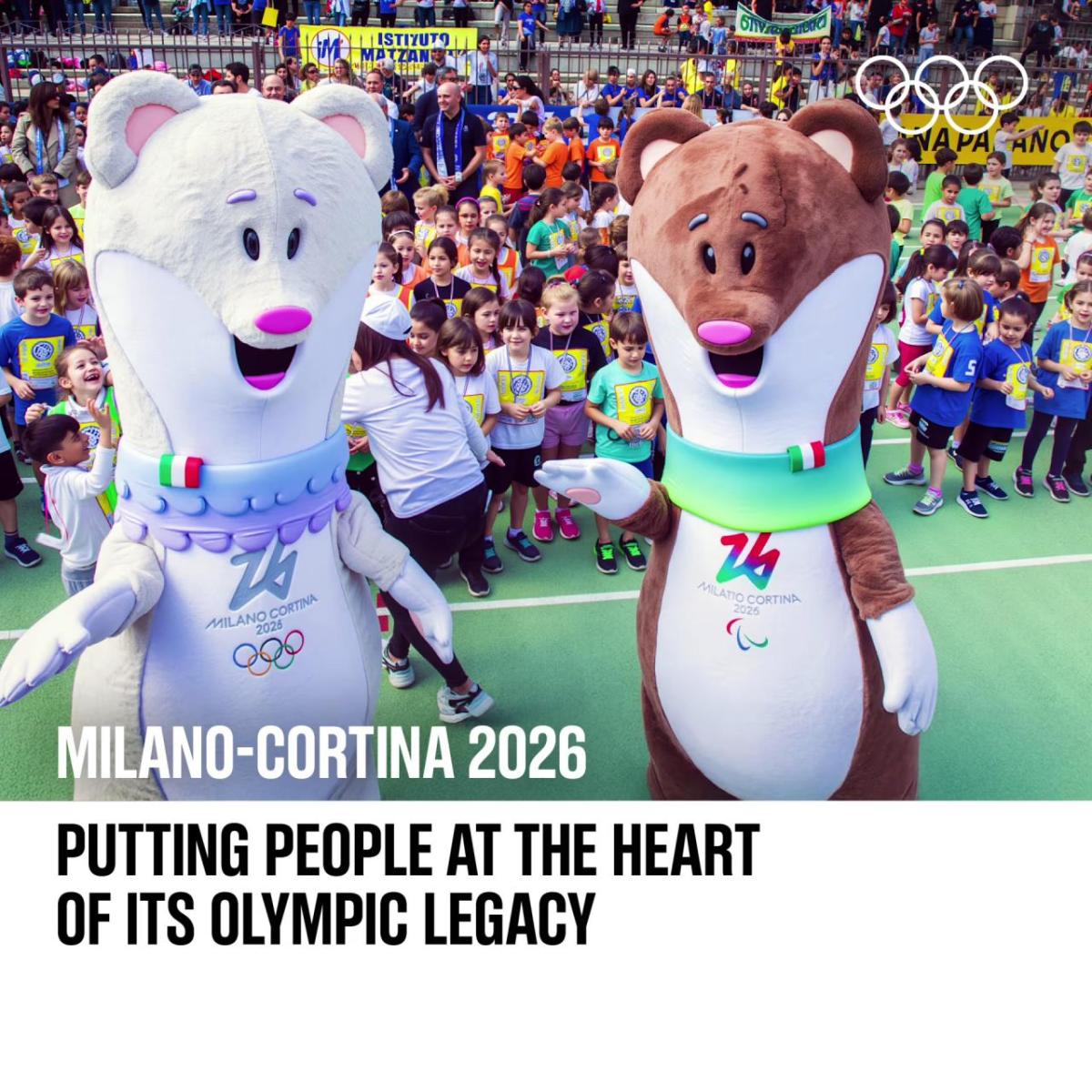 "Milano-Cortina 2026 - putting people at the heart of its olympic legacy" with mascot animals