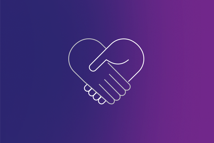 line drawing of two holding hands merged to look like a heart on a blue to purple background.