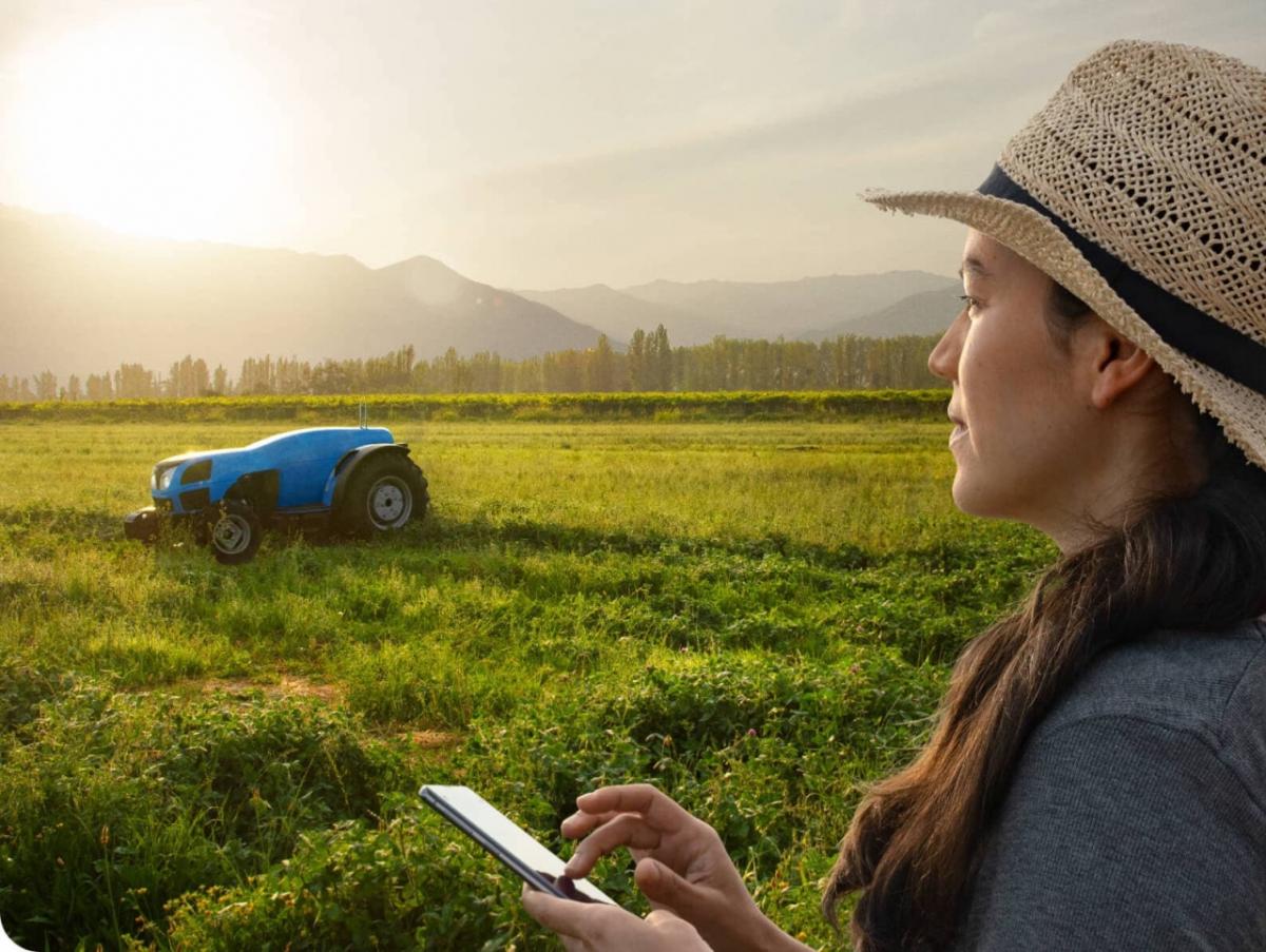 Woman with phone in field