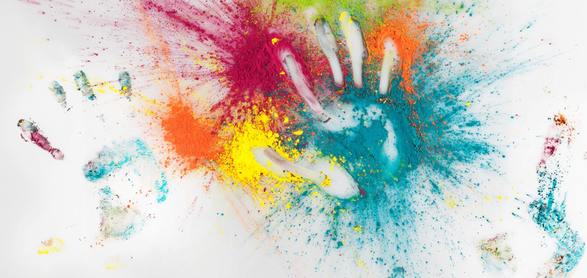 Colorful painting with two handprints